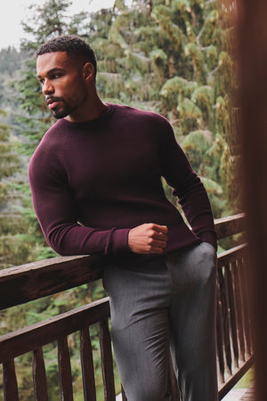 Pure Cotton Knitted Textured Crew Neck Sweater in Dark Bordeaux
