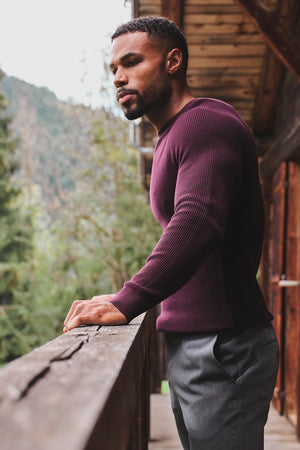 Pure Cotton Knitted Textured Crew Neck Sweater in Dark Bordeaux