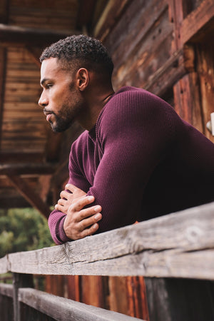 Pure Cotton Knitted Textured Crew Neck Sweater in Dark Bordeaux