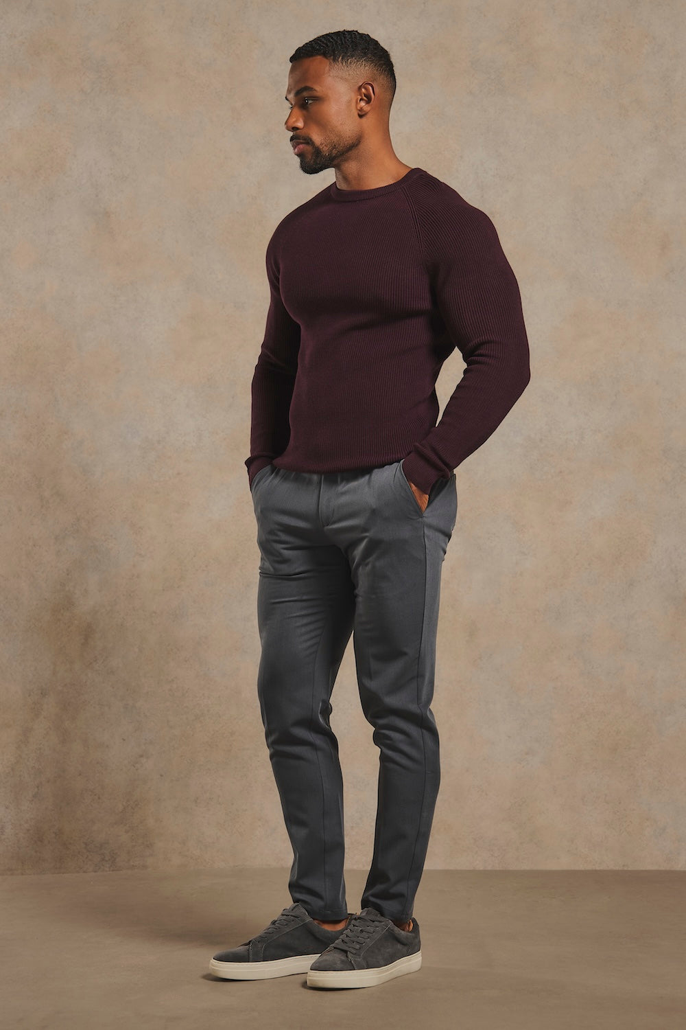 Pure Cotton Knitted Textured Crew Neck Sweater in Dark Bordeaux