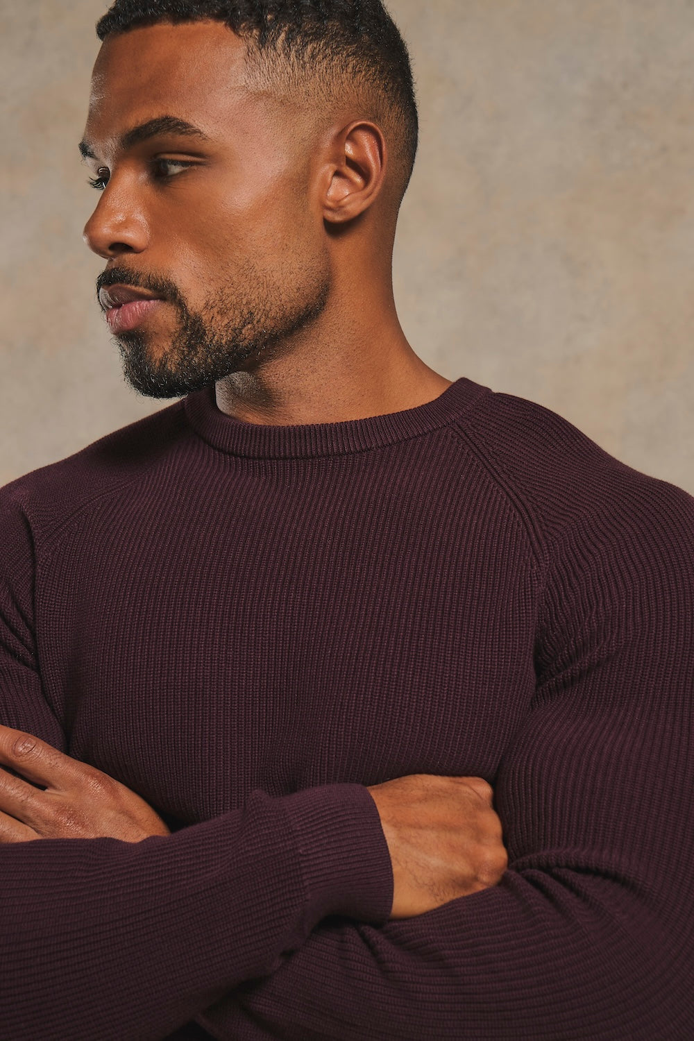 Pure Cotton Knitted Textured Crew Neck Sweater in Dark Bordeaux