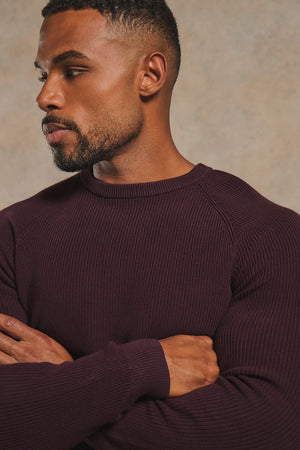 Pure Cotton Knitted Textured Crew Neck Sweater in Dark Bordeaux