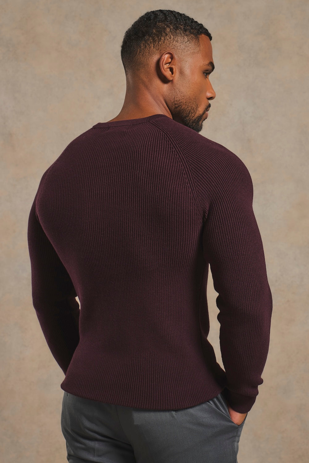 Pure Cotton Knitted Textured Crew Neck Sweater in Dark Bordeaux