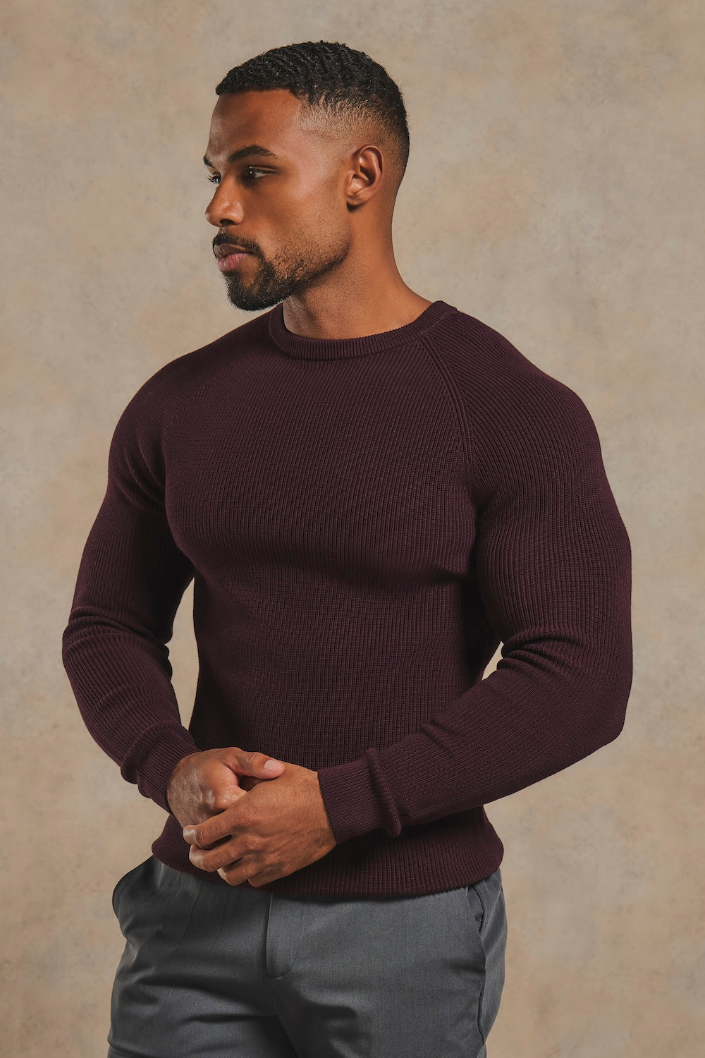 Pure Cotton Knitted Textured Crew Neck Sweater in Dark Bordeaux