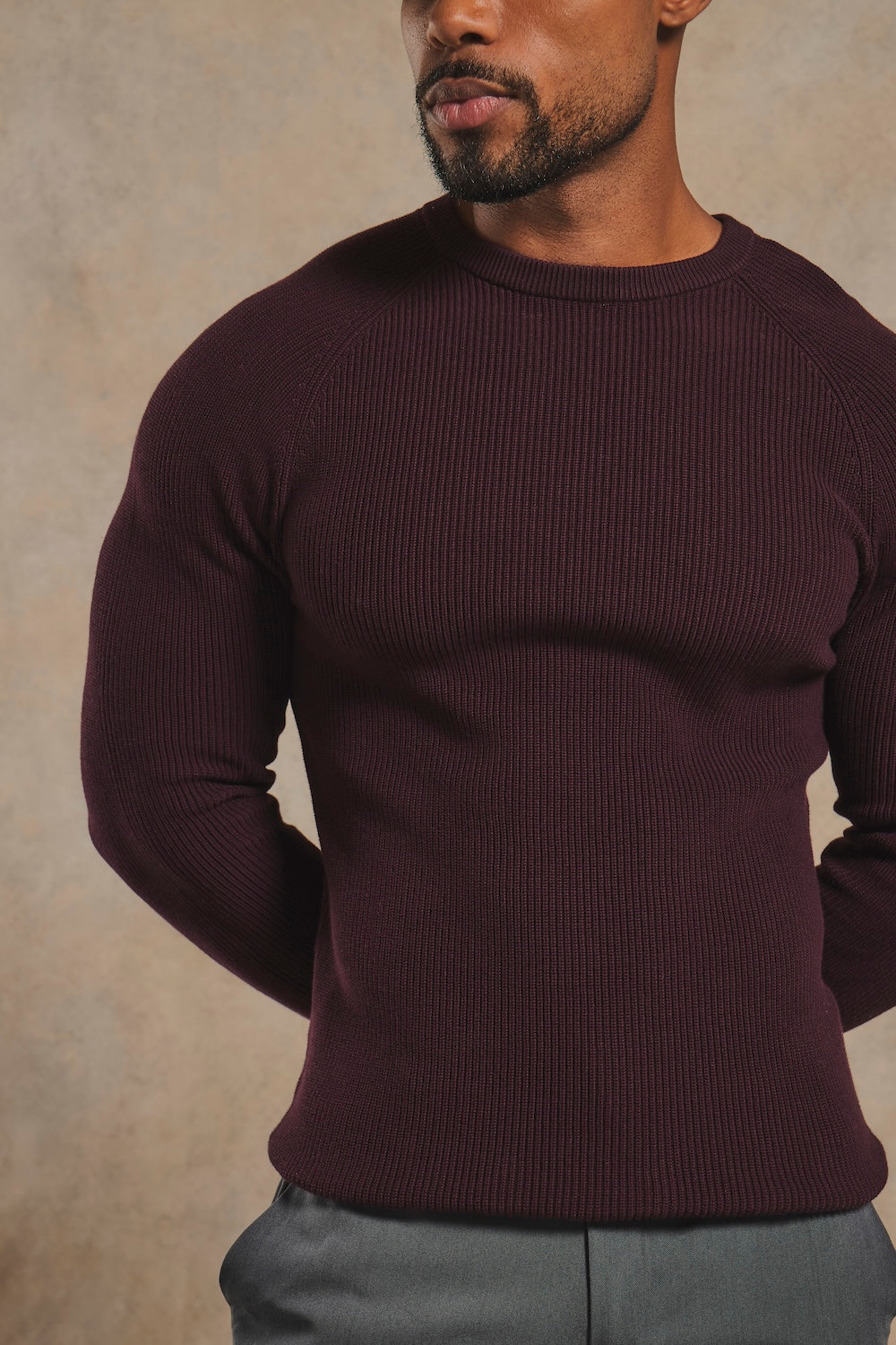 Pure Cotton Knitted Textured Crew Neck Sweater in Dark Bordeaux