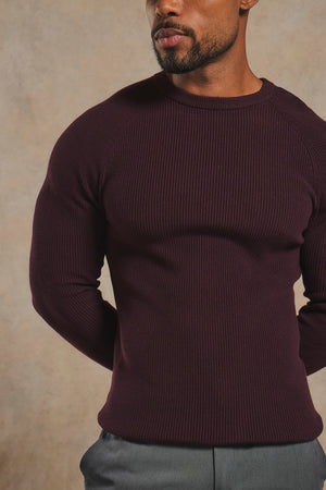 Pure Cotton Knitted Textured Crew Neck Sweater in Dark Bordeaux