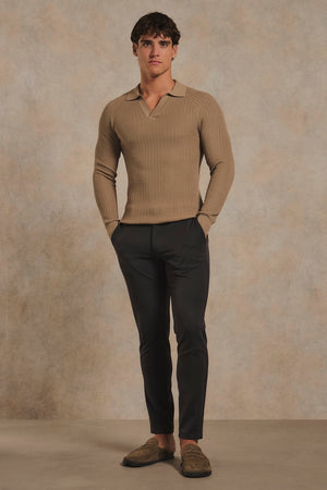 Textured Knitted Open Collar Polo Shirt in Camel