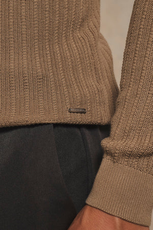 Textured Knitted Open Collar Polo Shirt in Camel