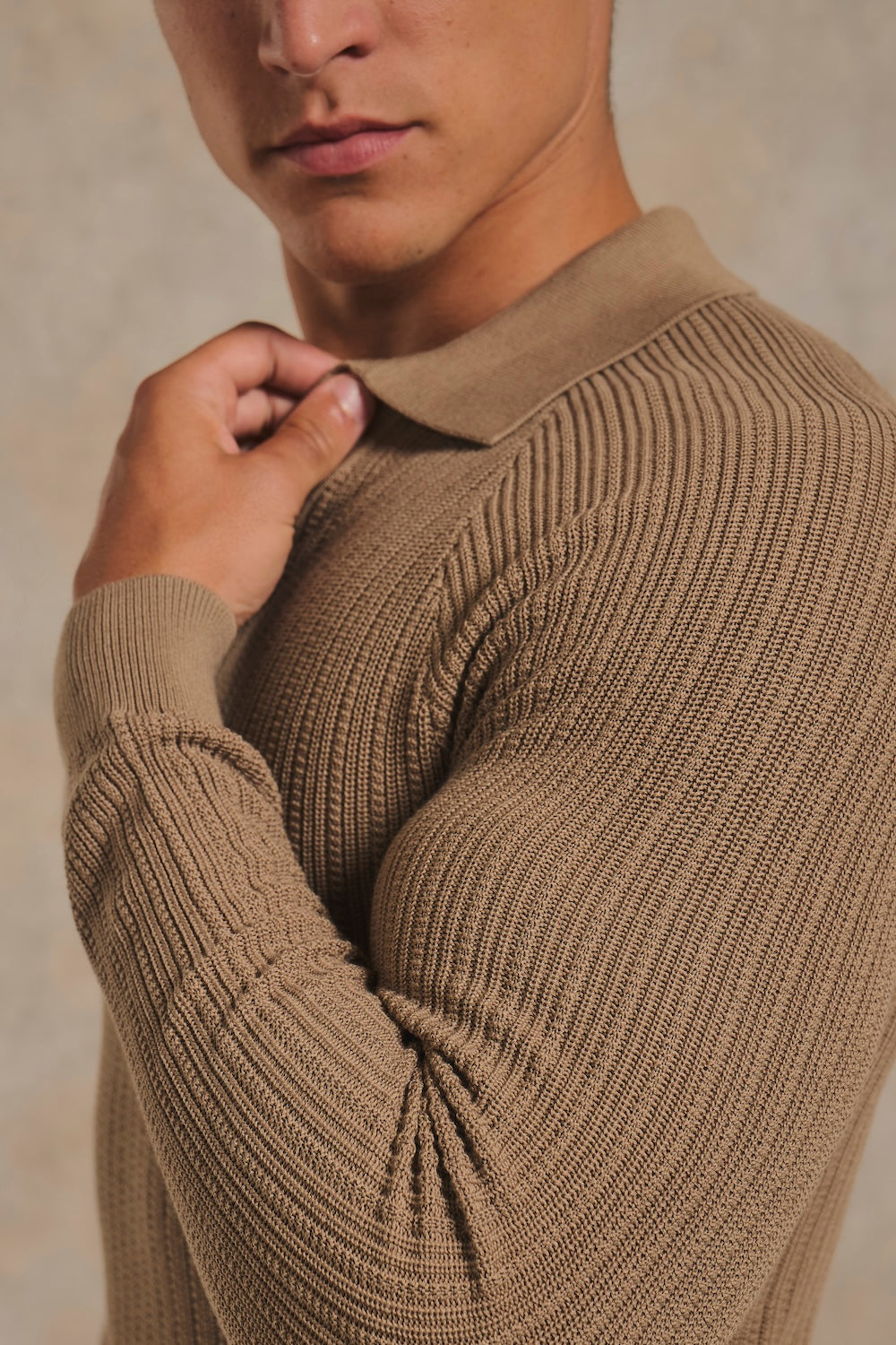 Textured Knitted Open Collar Polo Shirt in Camel