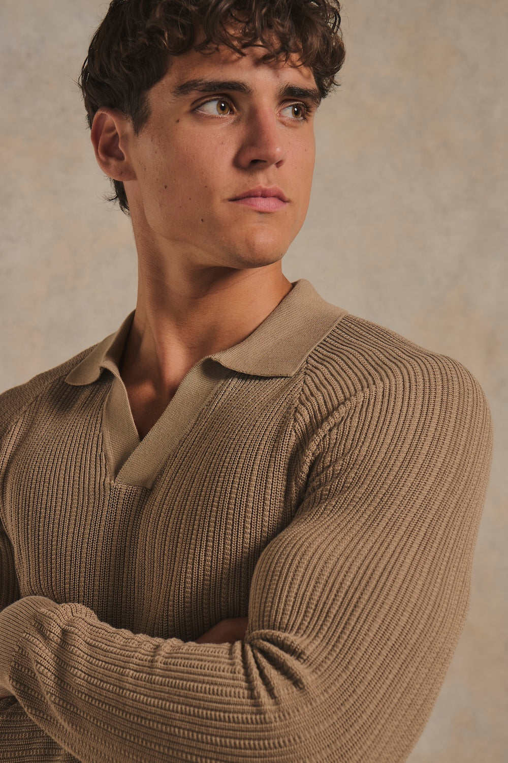 Textured Knitted Open Collar Polo Shirt in Camel