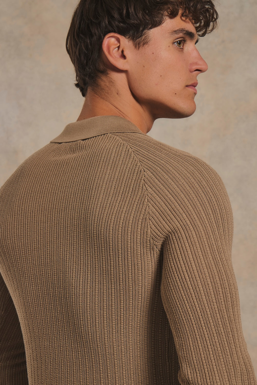 Textured Knitted Open Collar Polo Shirt in Camel