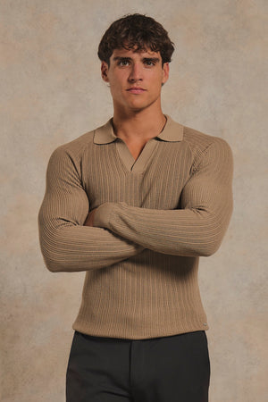 Textured Knitted Open Collar Polo Shirt in Camel