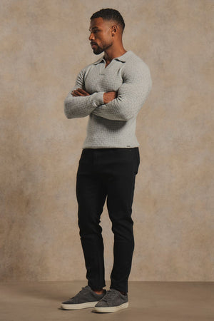 Merino Wool Textured Open Collar Polo Shirt in Soft Grey