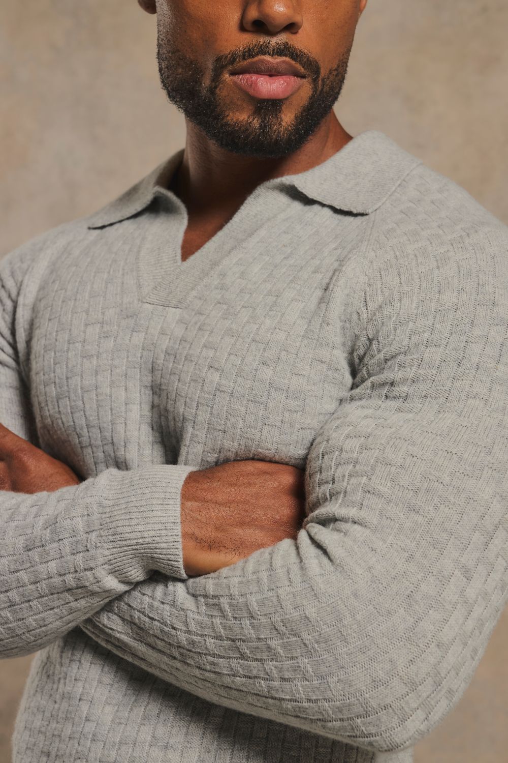 Merino Wool Textured Open Collar Polo Shirt in Soft Grey