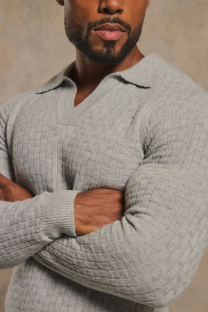 Merino Wool Textured Open Collar Polo Shirt in Soft Grey