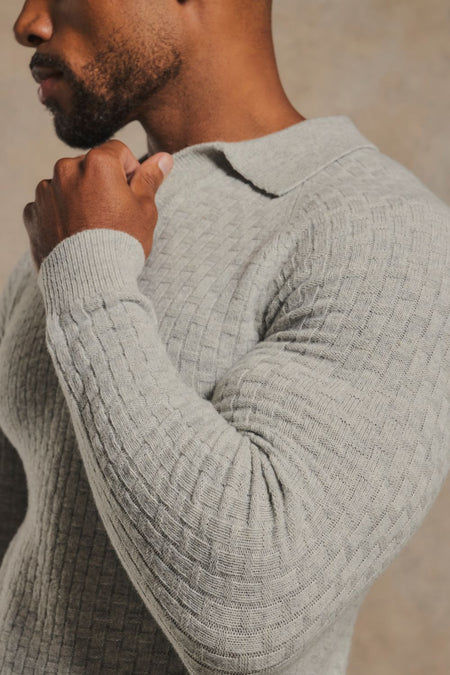 Merino Wool Textured Open Collar Polo Shirt in Soft Grey