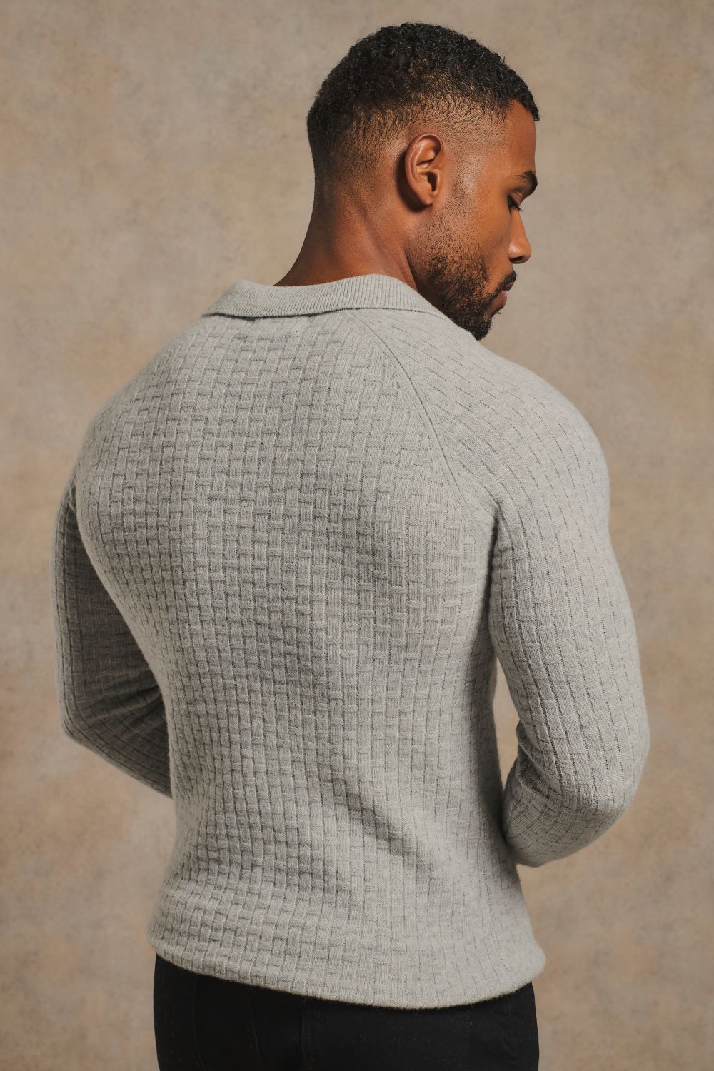 Merino Wool Textured Open Collar Polo Shirt in Soft Grey