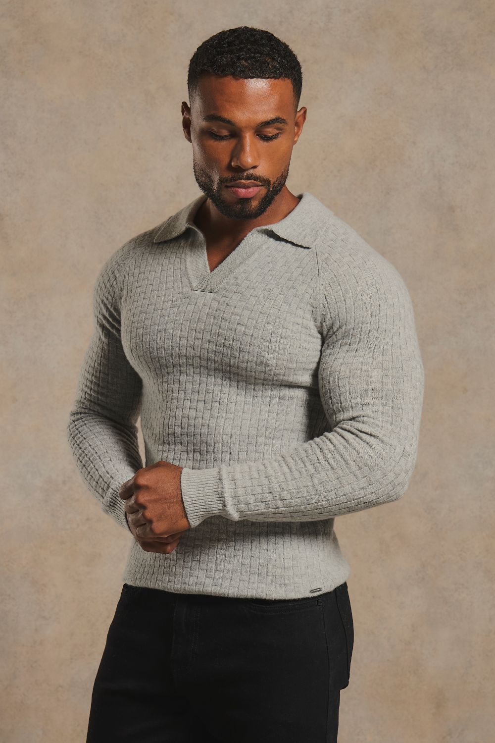 Merino Wool Textured Open Collar Polo Shirt in Soft Grey