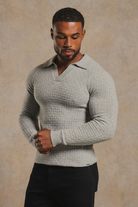 Merino Wool Textured Open Collar Polo Shirt in Soft Grey