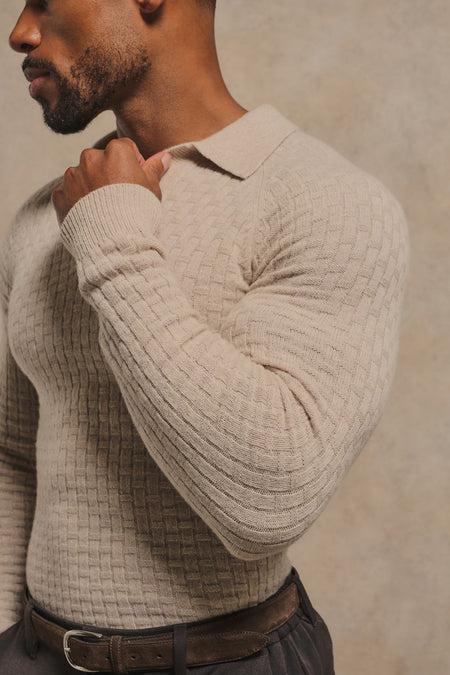 Merino Wool Textured Open Collar Polo Shirt in Neutral