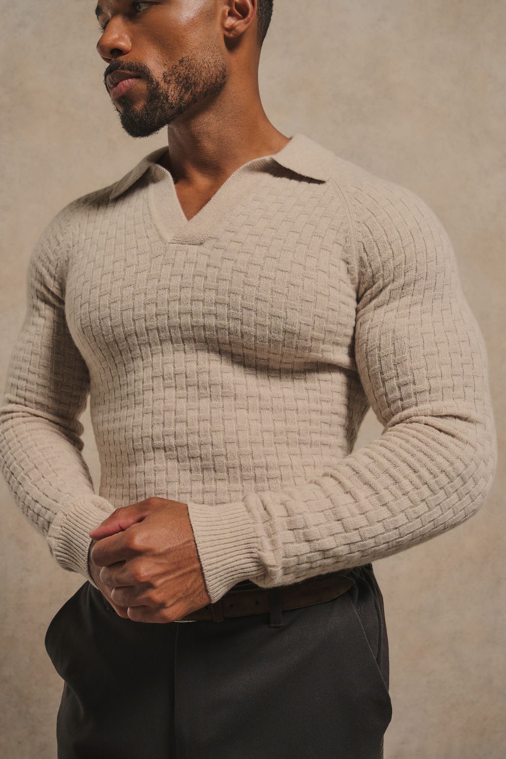 Merino Wool Textured Open Collar Polo Shirt in Neutral