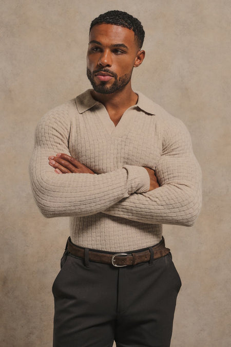 Merino Wool Textured Open Collar Polo Shirt in Neutral