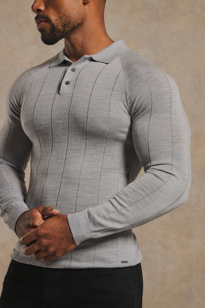 Extra Fine Merino Wool Wide Ribbed Polo Shirt in Silver Grey Marl