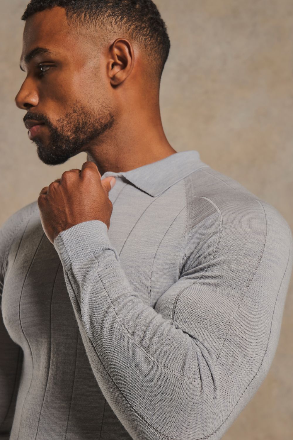 Extra Fine Merino Wool Wide Ribbed Polo Shirt in Silver Grey Marl