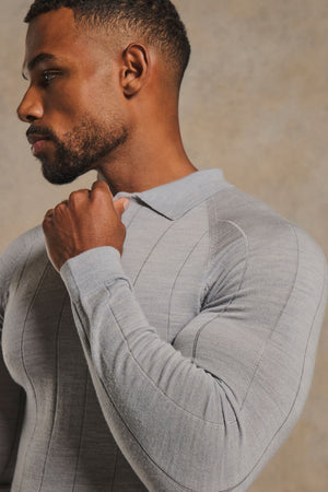 Extra Fine Merino Wool Wide Ribbed Polo Shirt in Silver Grey Marl