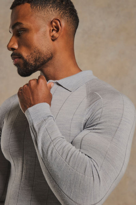 Extra Fine Merino Wool Wide Ribbed Polo Shirt in Silver Grey Marl