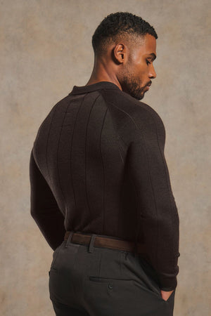 Extra Fine Merino Wool Wide Ribbed Polo Shirt in Bitter Chocolate