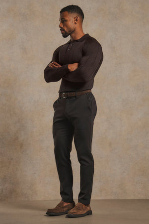 Extra Fine Merino Wool Wide Ribbed Polo Shirt in Bitter Chocolate