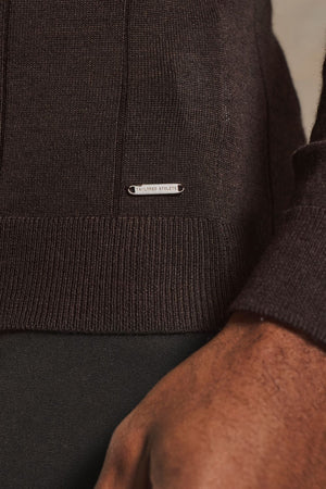 Extra Fine Merino Wool Wide Ribbed Polo Shirt in Bitter Chocolate