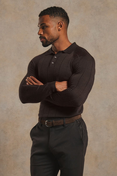 Extra Fine Merino Wool Wide Ribbed Polo Shirt in Bitter Chocolate