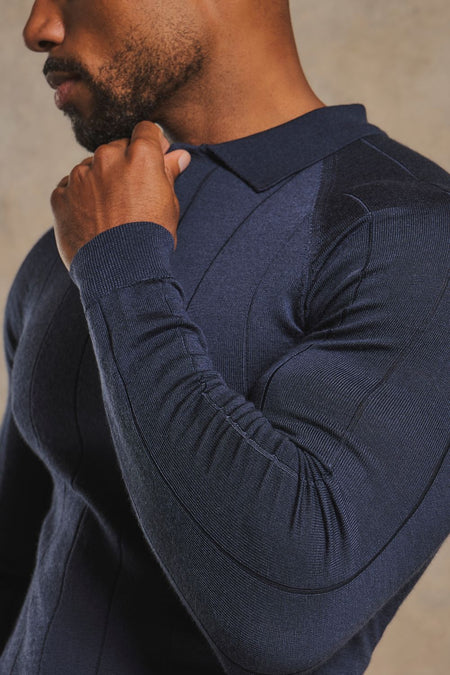 Extra Fine Merino Wool Wide Ribbed Polo Shirt in Midnight Navy