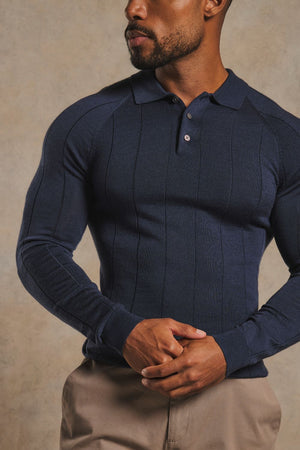 Extra Fine Merino Wool Wide Ribbed Polo Shirt in Midnight Navy