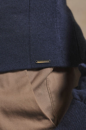 Extra Fine Merino Wool Wide Ribbed Polo Shirt in Midnight Navy