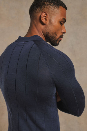 Extra Fine Merino Wool Wide Ribbed Polo Shirt in Midnight Navy