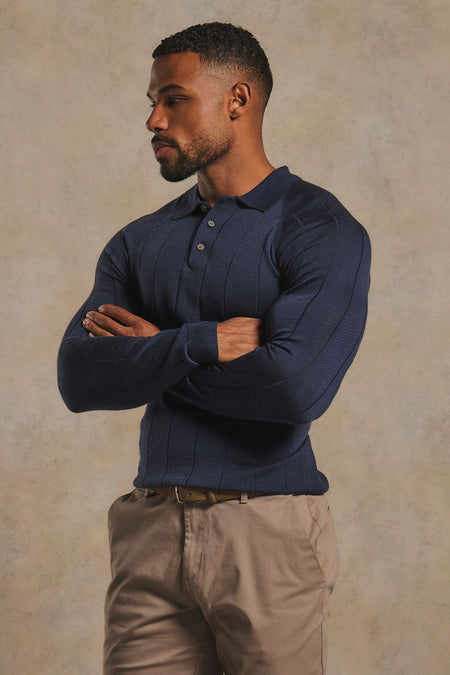 Extra Fine Merino Wool Wide Ribbed Polo Shirt in Midnight Navy