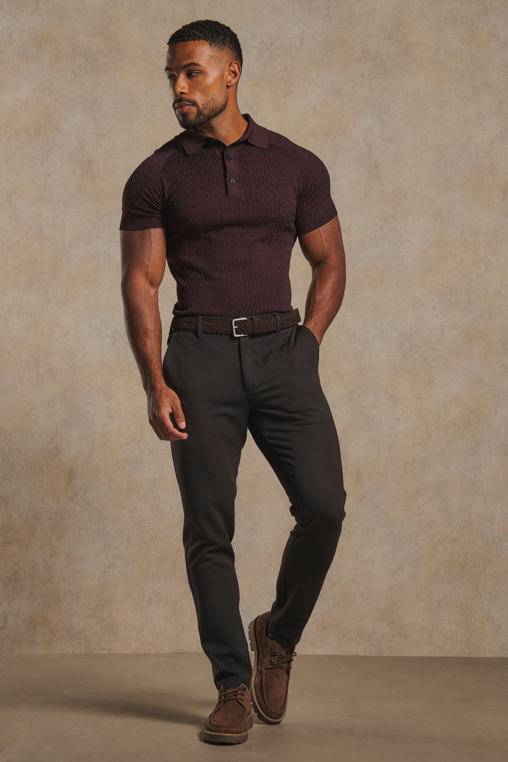 Mercerised Cotton Textured Knitted Polo Shirt in Dark Bordeaux