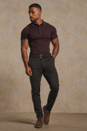 Mercerised Cotton Textured Knitted Polo Shirt in Dark Bordeaux