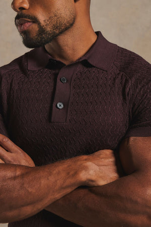 Mercerised Cotton Textured Knitted Polo Shirt in Dark Bordeaux