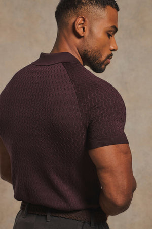 Mercerised Cotton Textured Knitted Polo Shirt in Dark Bordeaux