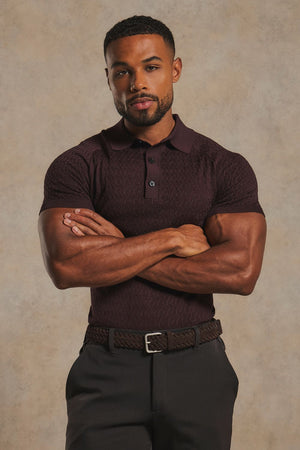 Mercerised Cotton Textured Knitted Polo Shirt in Dark Bordeaux