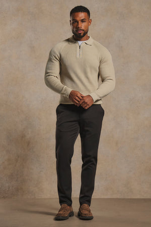 Cotton Textured Knitted Half Zip Polo Shirt in Neutral