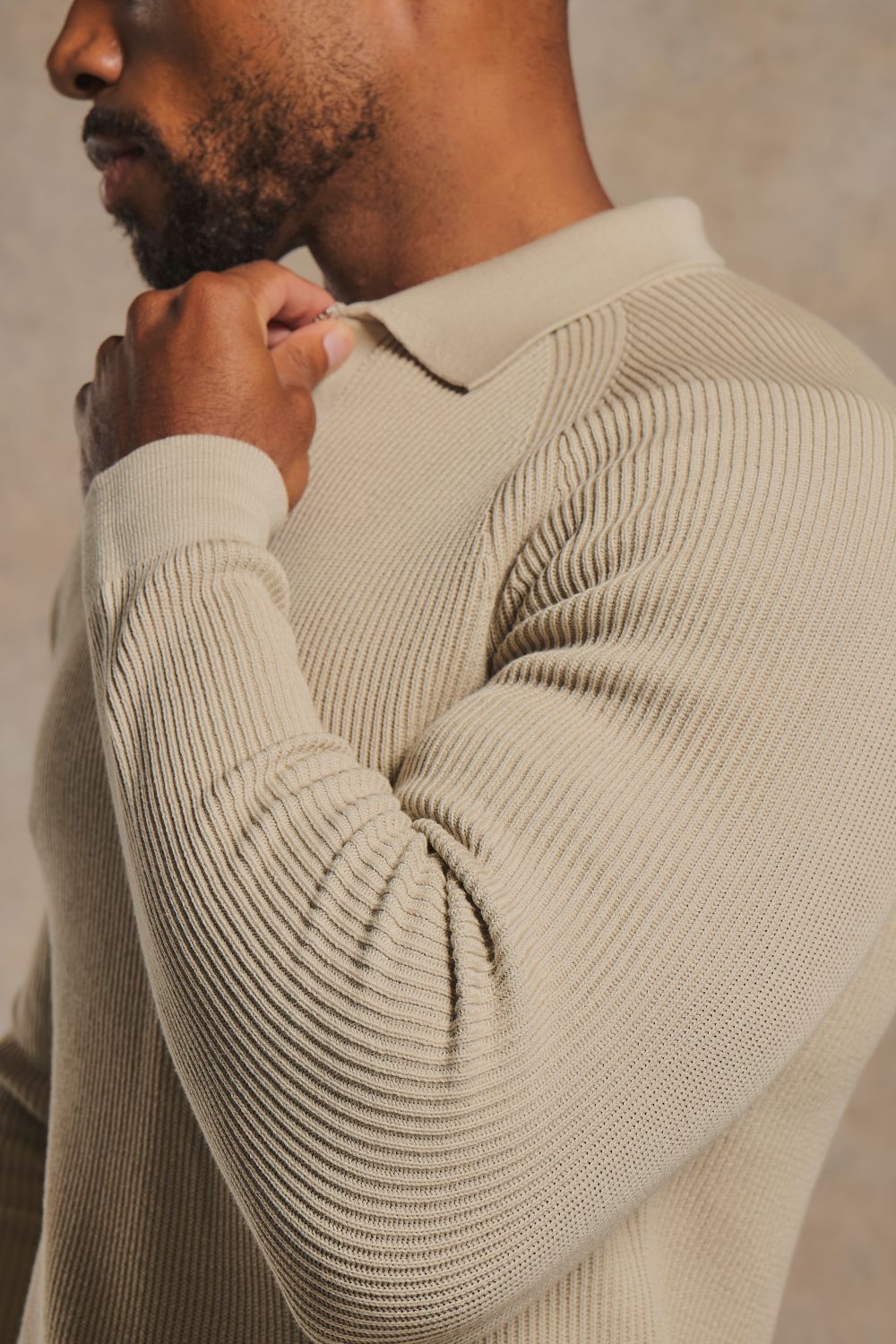 Cotton Textured Knitted Half Zip Polo Shirt in Neutral