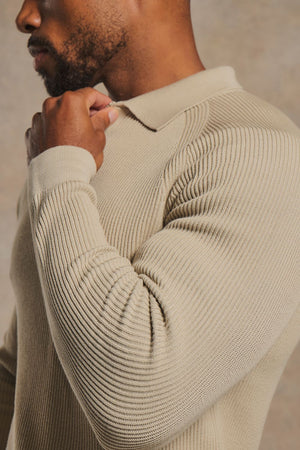 Cotton Textured Knitted Half Zip Polo Shirt in Neutral