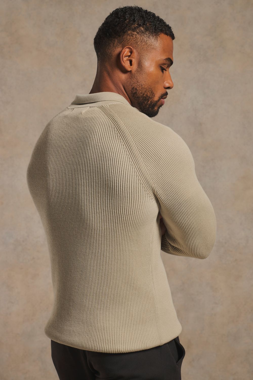 Cotton Textured Knitted Half Zip Polo Shirt in Neutral