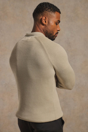 Cotton Textured Knitted Half Zip Polo Shirt in Neutral