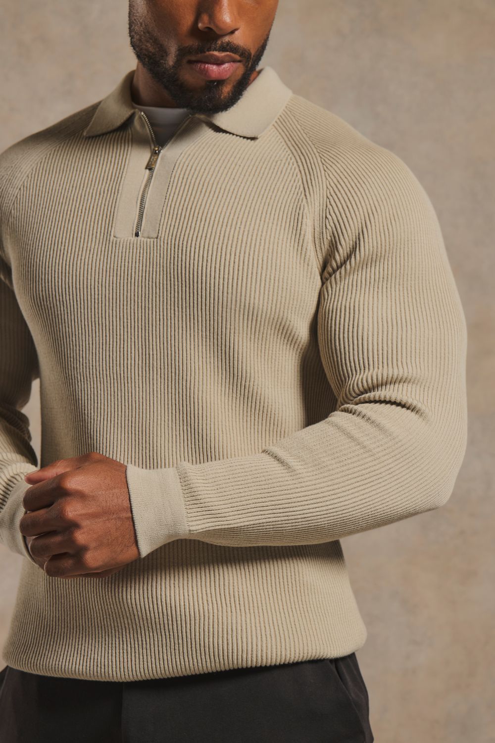 Cotton Textured Knitted Half Zip Polo Shirt in Neutral